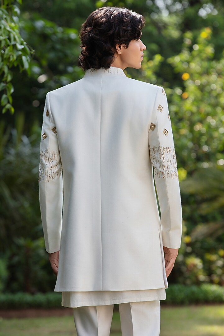 Off-White Tussar Wedding Indowestern Set by Bohame Men at Pernia's Pop Up Shop