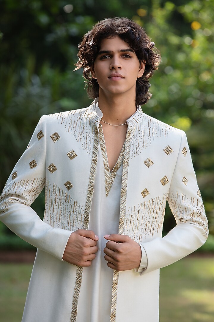 Off-White Tussar Wedding Indowestern Set by Bohame Men at Pernia's Pop Up Shop
