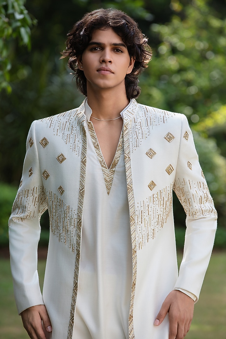 Off-White Tussar Wedding Indowestern Set by Bohame Men at Pernia's Pop Up Shop