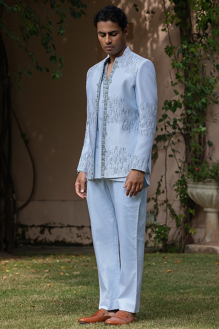 Light Blue Cotton Satin Wedding Indowestern Set by Bohame Men at Pernia's Pop Up Shop