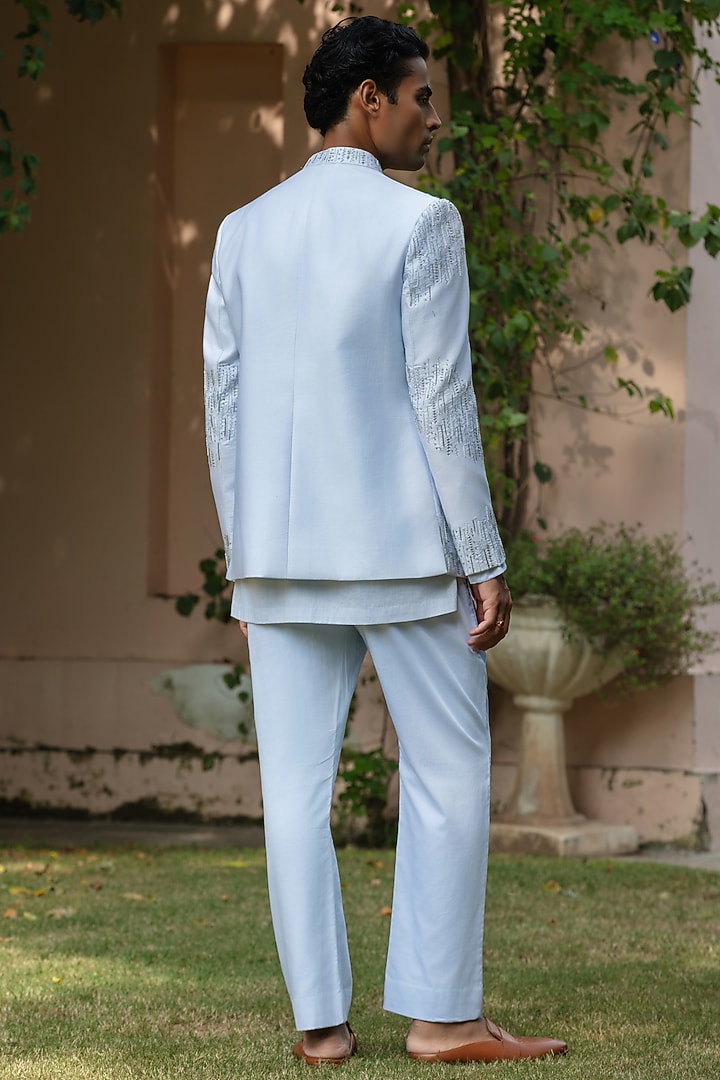 Light Blue Cotton Satin Wedding Indowestern Set by Bohame Men at Pernia's Pop Up Shop