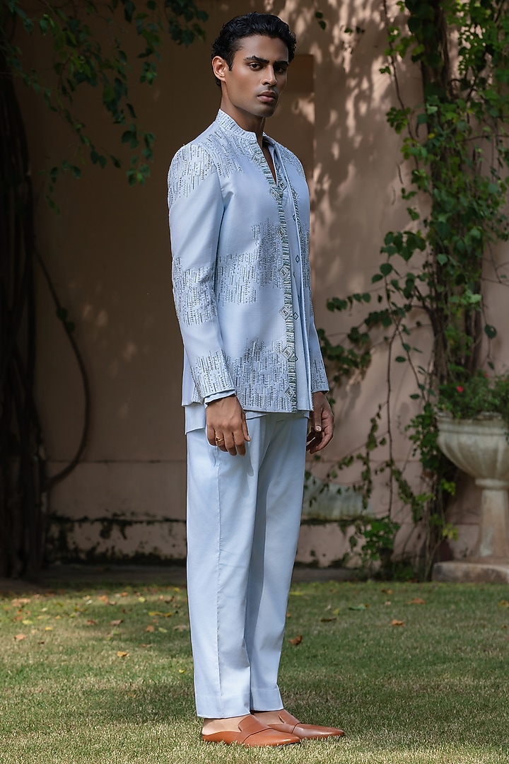 Light Blue Cotton Satin Wedding Indowestern Set by Bohame Men at Pernia's Pop Up Shop