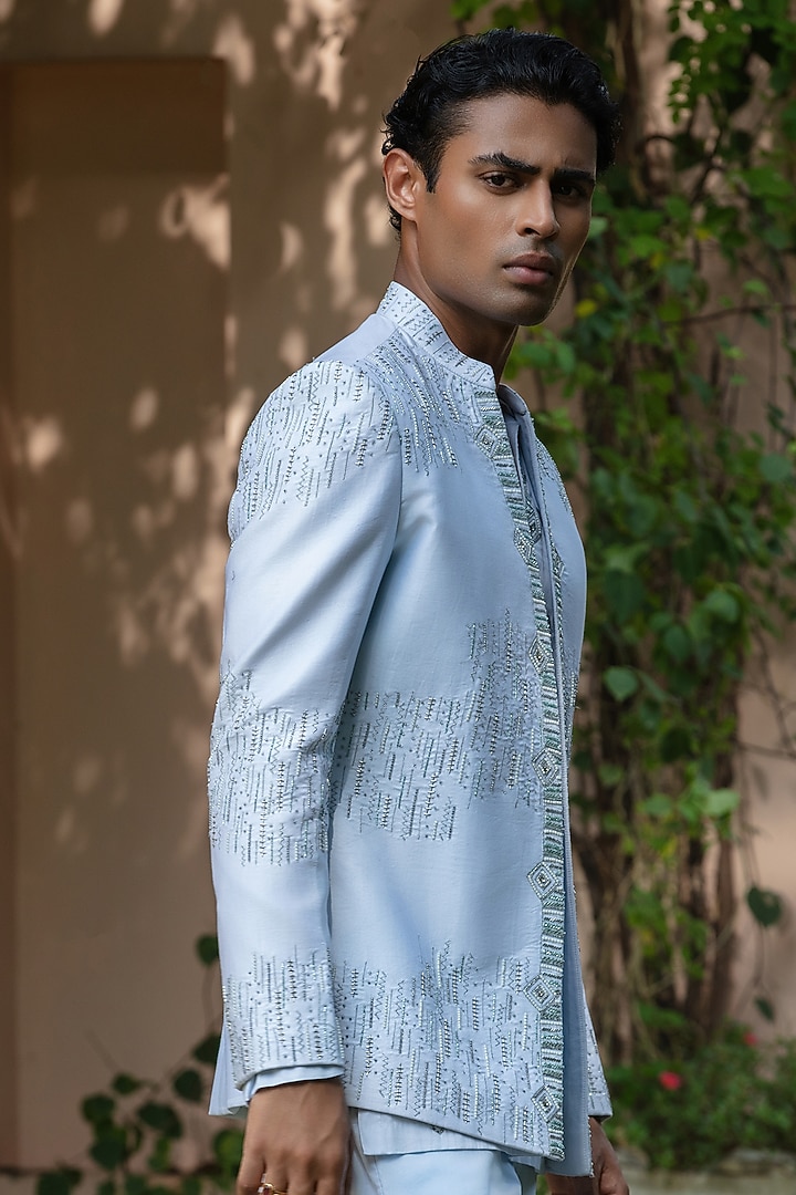 Light Blue Cotton Satin Wedding Indowestern Set by Bohame Men at Pernia's Pop Up Shop