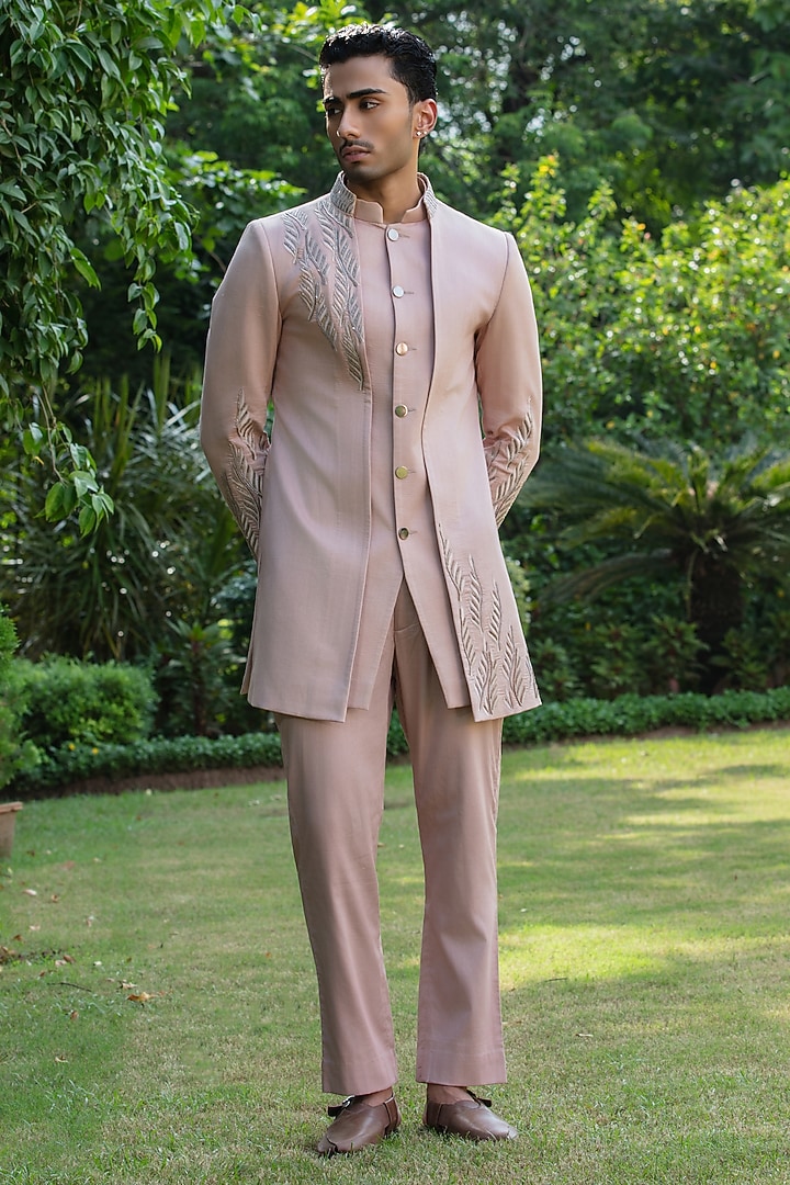 Champagne Cotton Satin Wedding Indowestern Set by Bohame Men at Pernia's Pop Up Shop