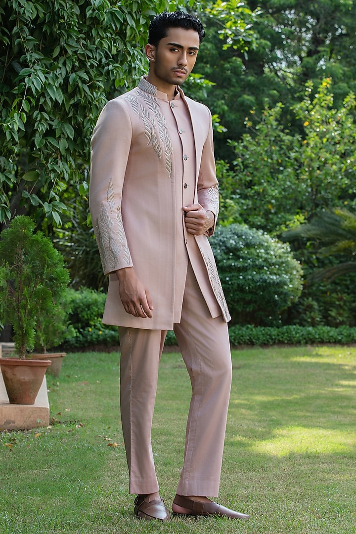 Champagne Cotton Satin Wedding Indowestern Set by Bohame Men at Pernia's Pop Up Shop