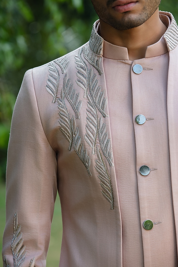 Champagne Cotton Satin Wedding Indowestern Set by Bohame Men at Pernia's Pop Up Shop