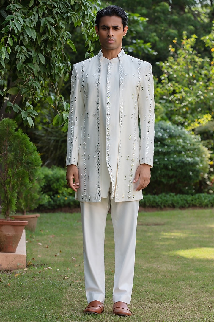 Off-White Tussar Wedding Indowestern Set by Bohame Men at Pernia's Pop Up Shop