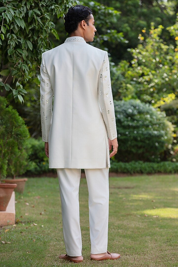 Off-White Tussar Wedding Indowestern Set by Bohame Men at Pernia's Pop Up Shop