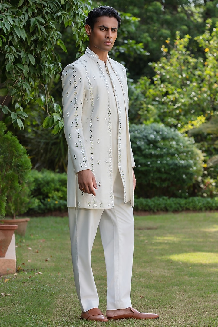 Off-White Tussar Wedding Indowestern Set by Bohame Men at Pernia's Pop Up Shop
