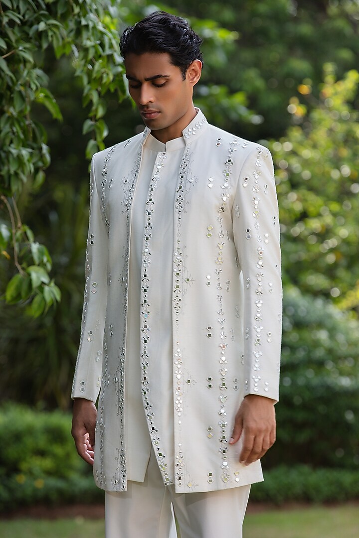 Off-White Tussar Wedding Indowestern Set by Bohame Men at Pernia's Pop Up Shop