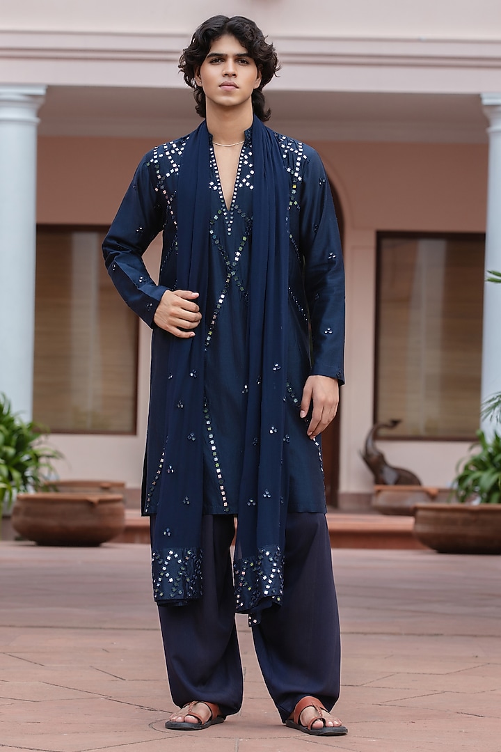 Navy Blue Chanderi Kurta Set by Bohame Men at Pernia's Pop Up Shop