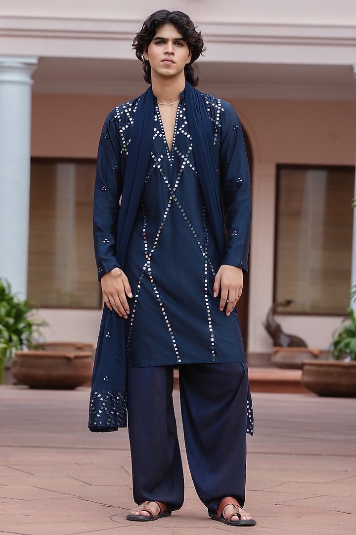 Navy Blue Chanderi Kurta Set by Bohame Men at Pernia's Pop Up Shop