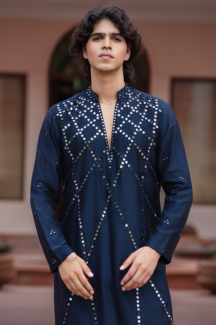 Navy Blue Chanderi Kurta Set by Bohame Men at Pernia's Pop Up Shop