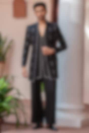 Black Modal Satin Wedding Indowestern Set by Bohame Men at Pernia's Pop Up Shop