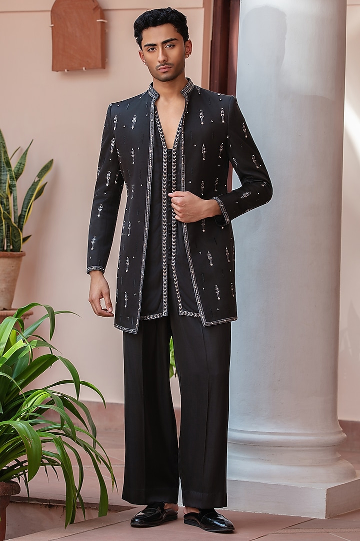 Black Modal Satin Wedding Indowestern Set by Bohame Men at Pernia's Pop Up Shop