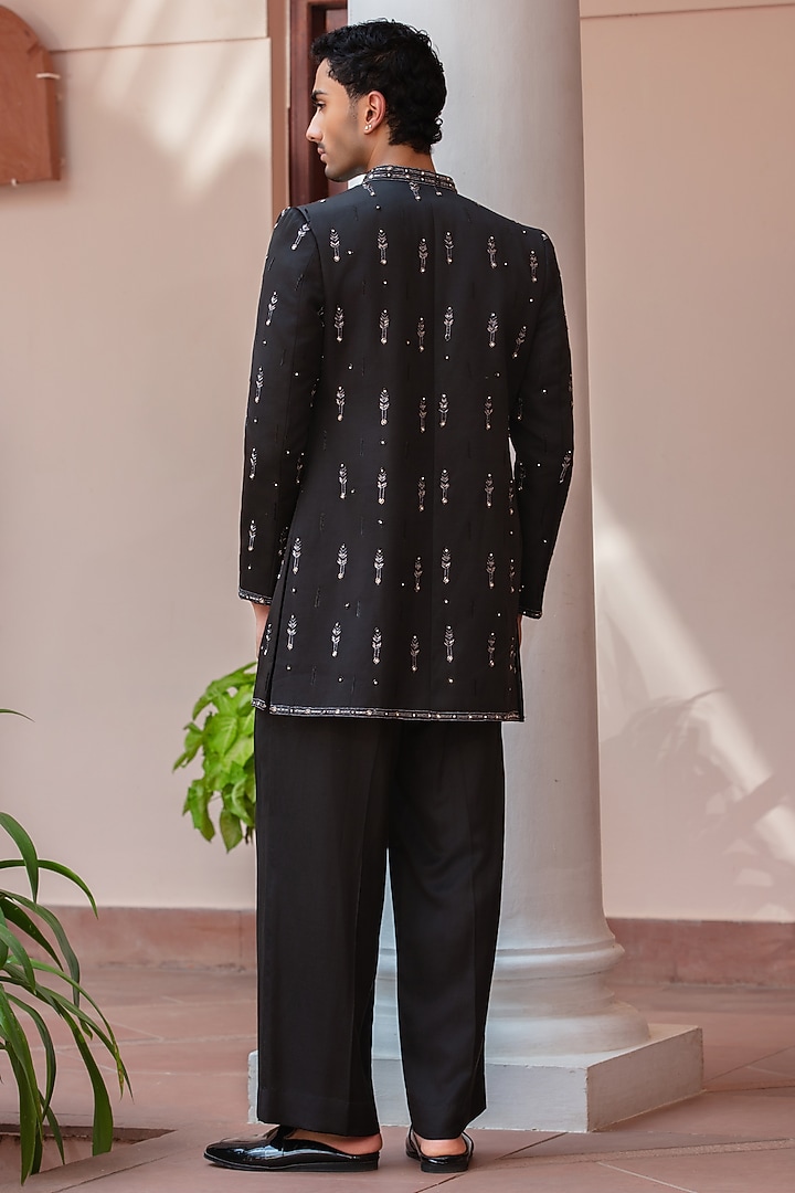 Black Modal Satin Wedding Indowestern Set by Bohame Men at Pernia's Pop Up Shop