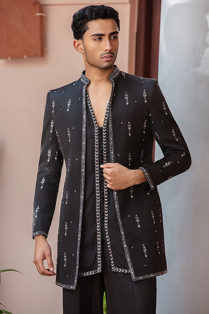 Black Modal Satin Wedding Indowestern Set by Bohame Men at Pernia's Pop Up Shop