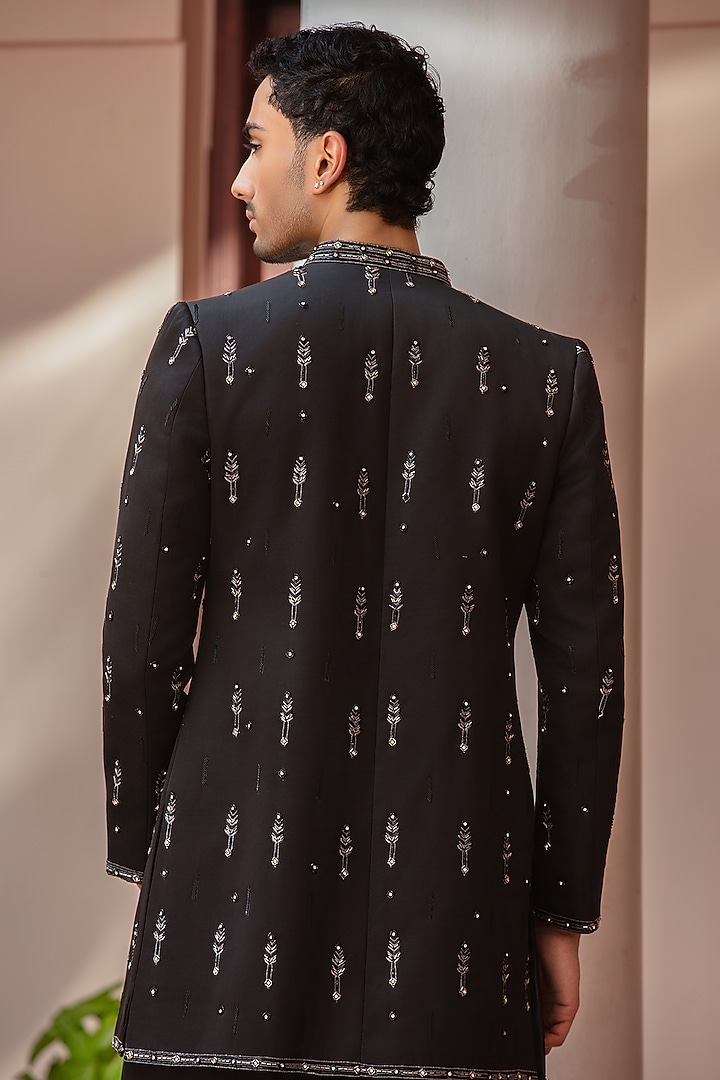 Black Modal Satin Wedding Indowestern Set by Bohame Men at Pernia's Pop Up Shop