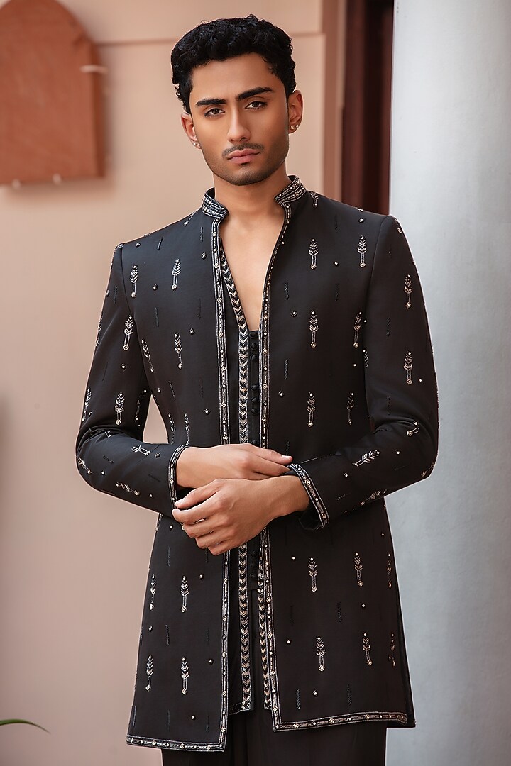 Black Modal Satin Wedding Indowestern Set by Bohame Men at Pernia's Pop Up Shop