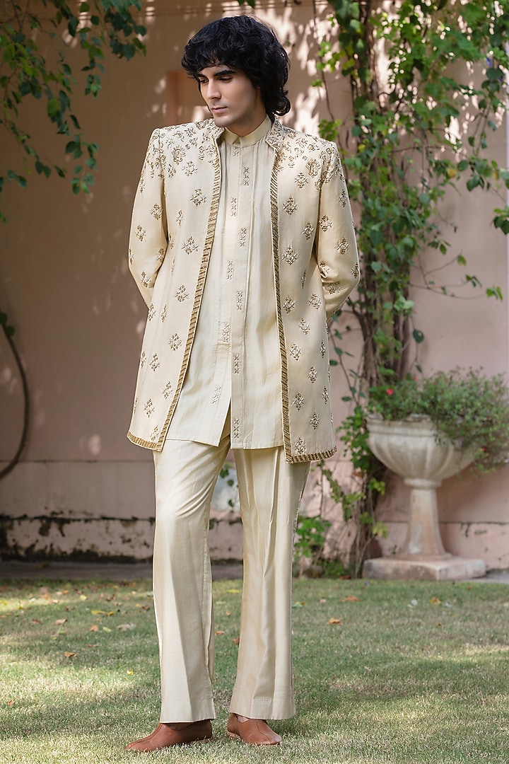 Beige-Gold Tussar Silk Wedding Indowestern Set by Bohame Men at Pernia's Pop Up Shop