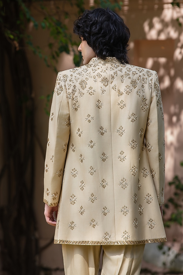 Beige-Gold Tussar Silk Wedding Indowestern Set by Bohame Men at Pernia's Pop Up Shop