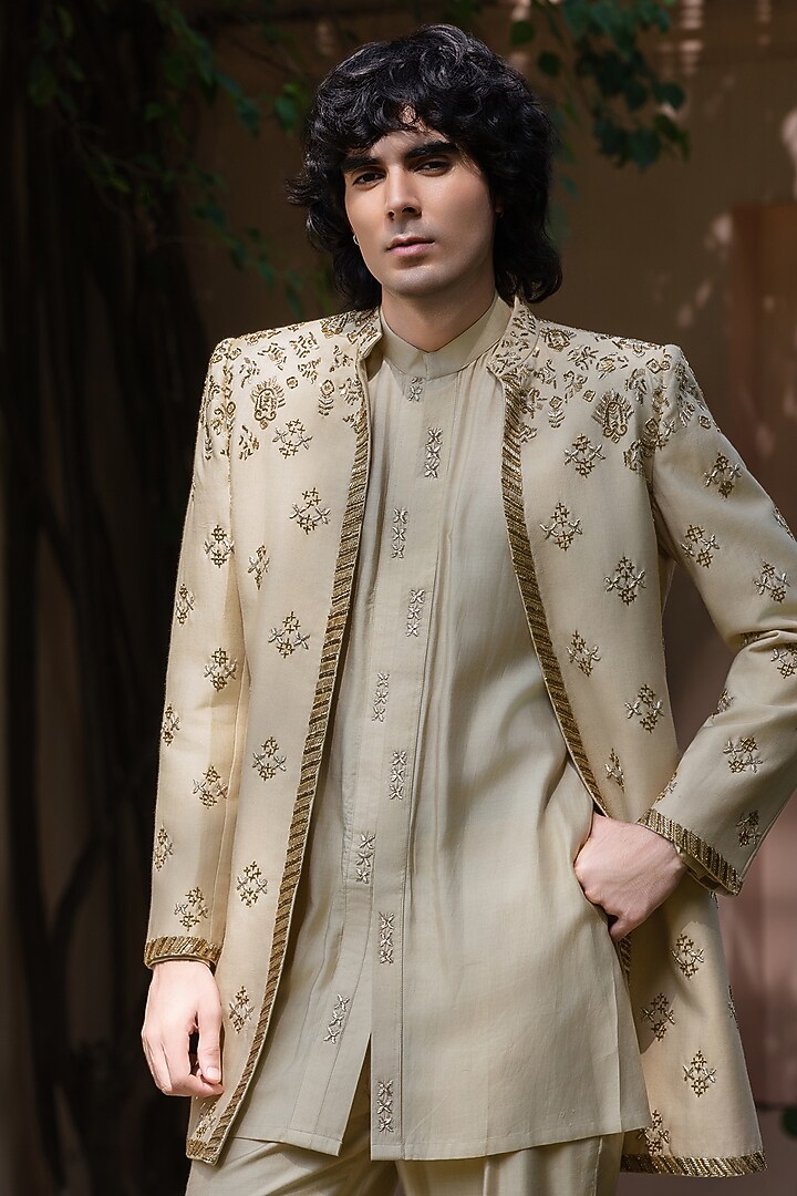 Beige-Gold Tussar Silk Wedding Indowestern Set by Bohame Men at Pernia's Pop Up Shop