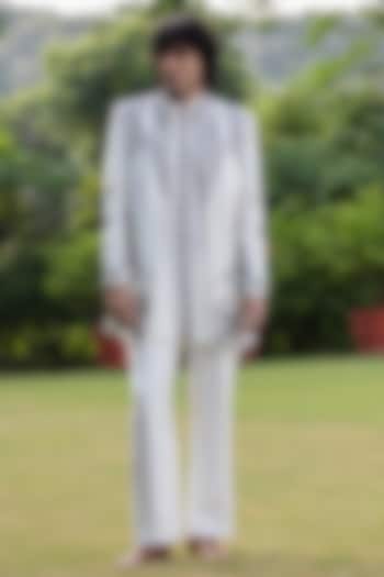 White Tussar Silk Wedding Indowestern Set by Bohame Men at Pernia's Pop Up Shop