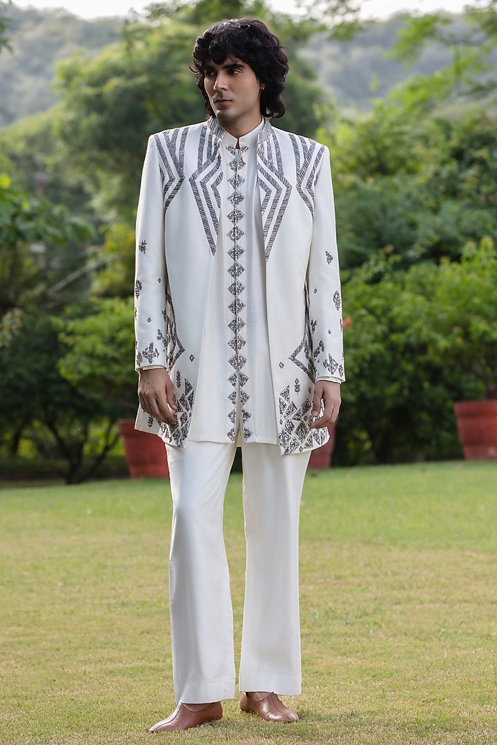 White Tussar Silk Wedding Indowestern Set by Bohame Men at Pernia's Pop Up Shop