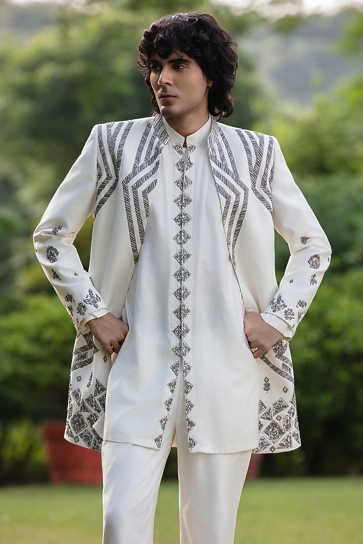 White Tussar Silk Wedding Indowestern Set by Bohame Men at Pernia's Pop Up Shop