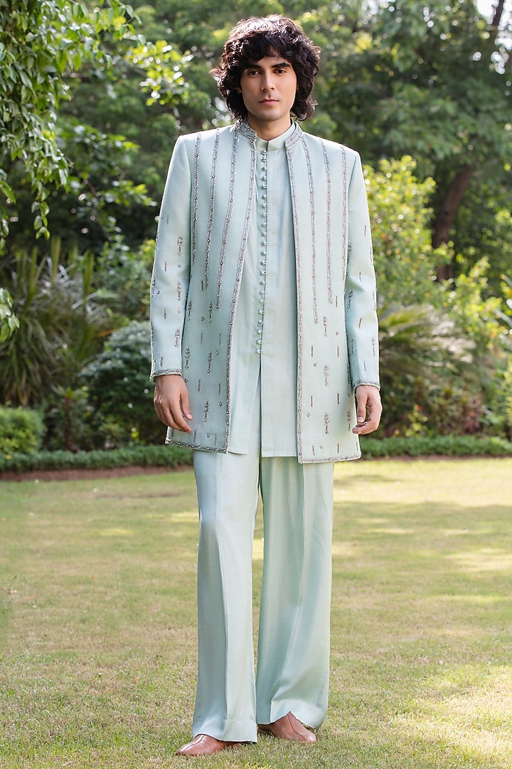 Mint Green Modal Satin Wedding Indowestern Set by Bohame Men at Pernia's Pop Up Shop