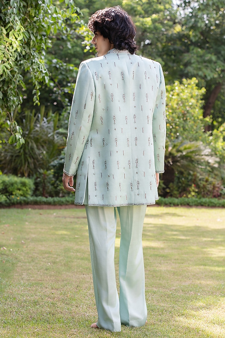 Mint Green Modal Satin Wedding Indowestern Set by Bohame Men at Pernia's Pop Up Shop