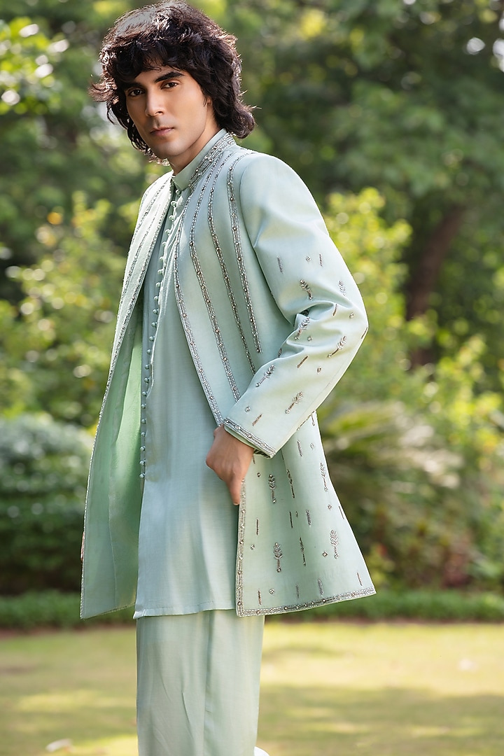 Mint Green Modal Satin Wedding Indowestern Set by Bohame Men at Pernia's Pop Up Shop