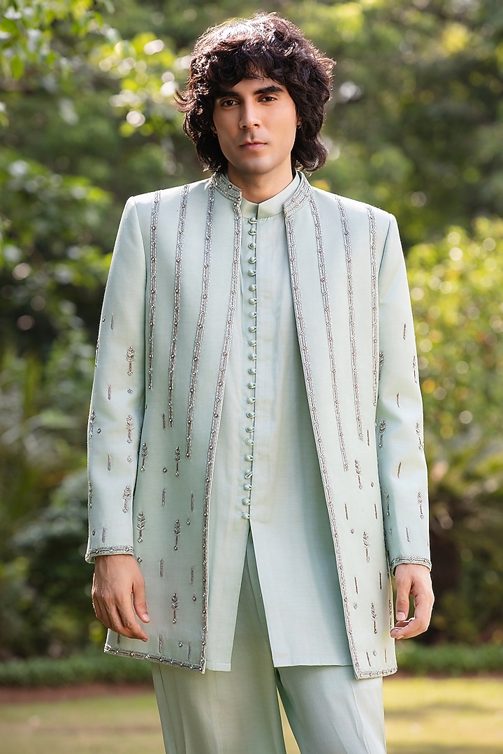 Mint Green Modal Satin Wedding Indowestern Set by Bohame Men at Pernia's Pop Up Shop