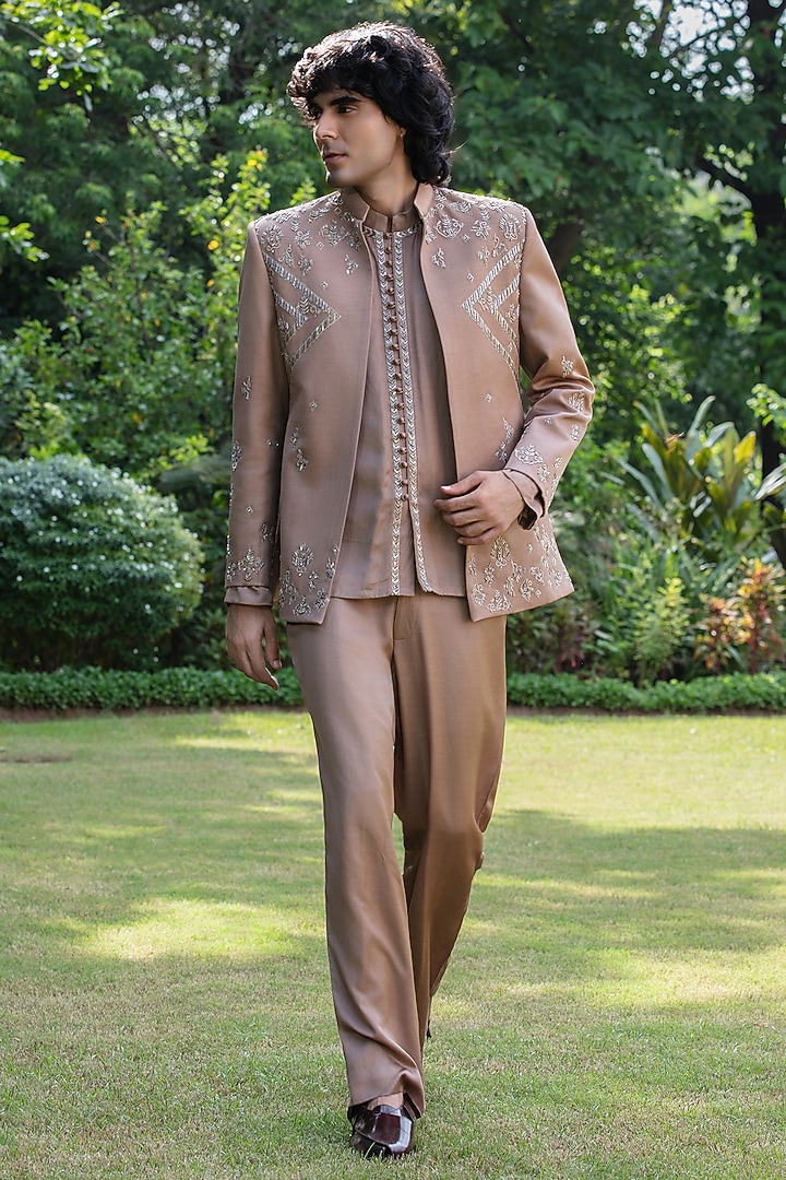 Rose Gold Modal Satin Wedding Indowestern Set by Bohame Men at Pernia's Pop Up Shop