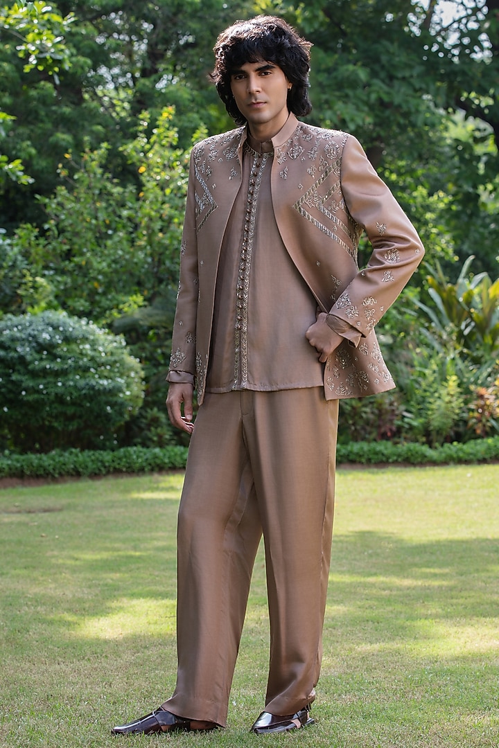 Rose Gold Modal Satin Wedding Indowestern Set by Bohame Men at Pernia's Pop Up Shop