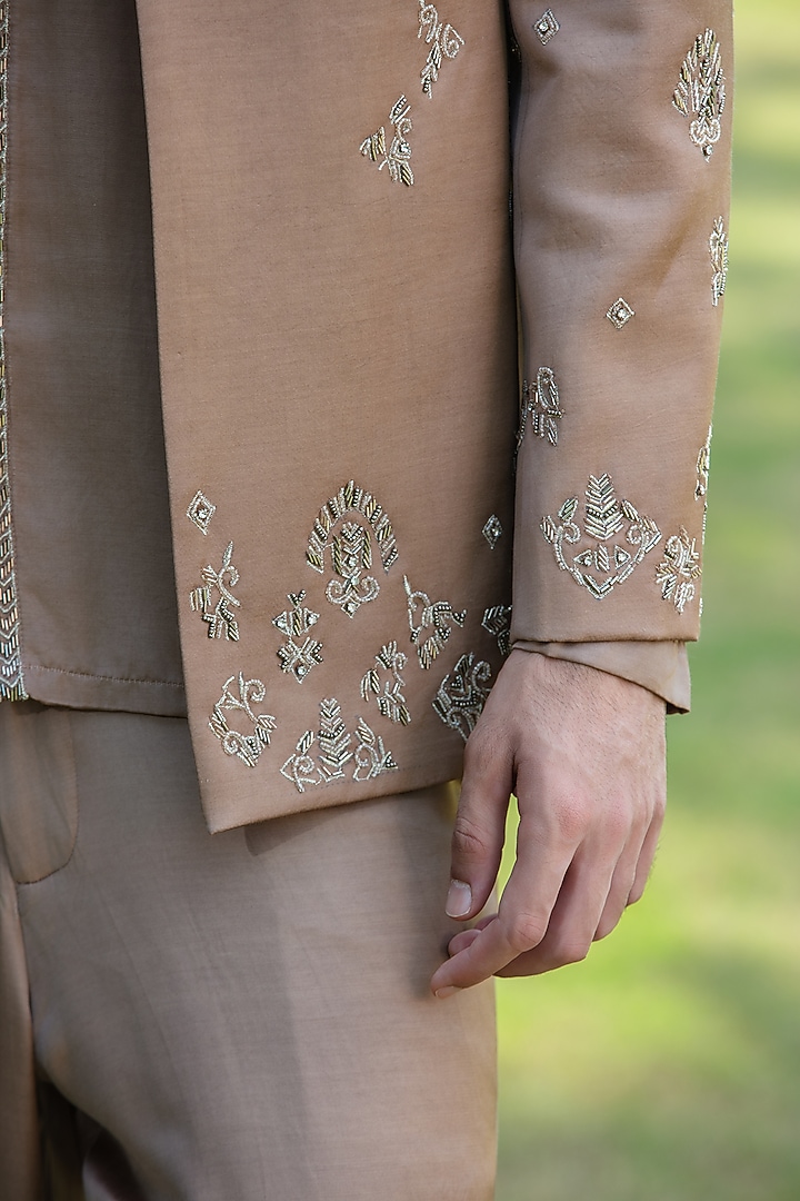 Rose Gold Modal Satin Wedding Indowestern Set by Bohame Men at Pernia's Pop Up Shop