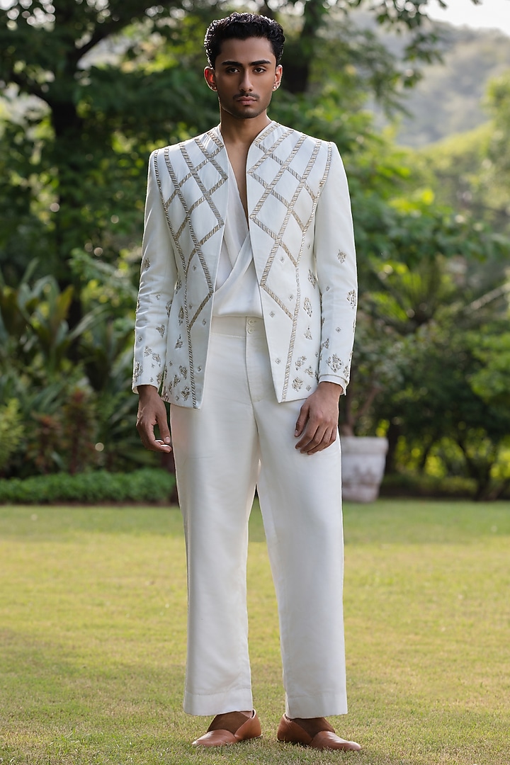 Ivory Modal Satin Wedding Indowestern Set by Bohame Men at Pernia's Pop Up Shop