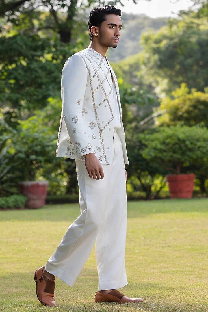 Ivory Modal Satin Wedding Indowestern Set by Bohame Men at Pernia's Pop Up Shop