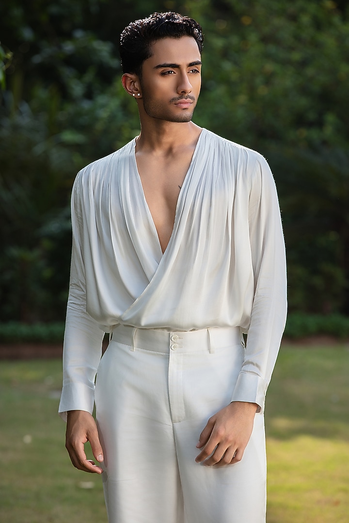 Ivory Modal Satin Wedding Indowestern Set by Bohame Men at Pernia's Pop Up Shop
