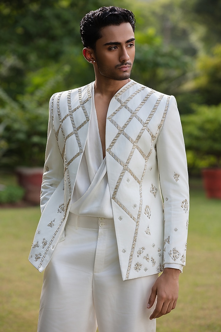 Ivory Modal Satin Wedding Indowestern Set by Bohame Men at Pernia's Pop Up Shop