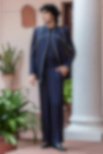 Navy Blue Modal Satin Wedding Indowestern Set by Bohame Men at Pernia's Pop Up Shop