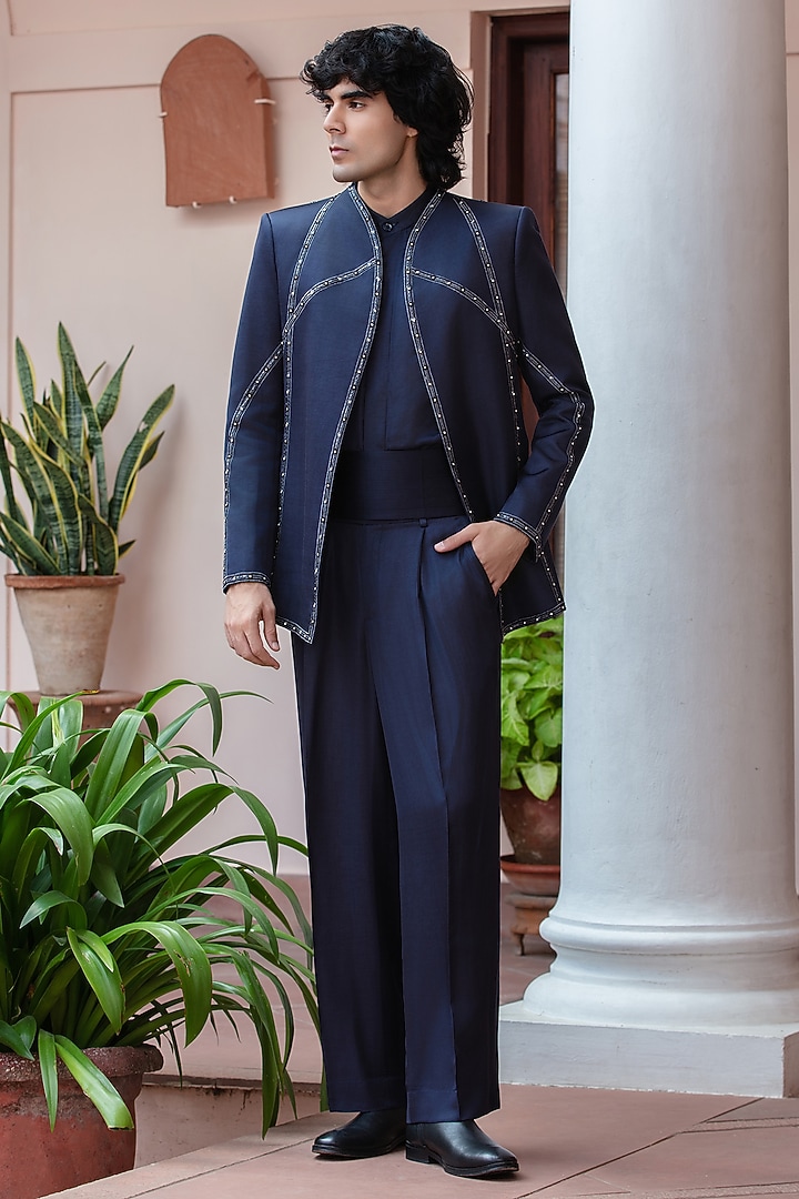Navy Blue Modal Satin Wedding Indowestern Set by Bohame Men at Pernia's Pop Up Shop