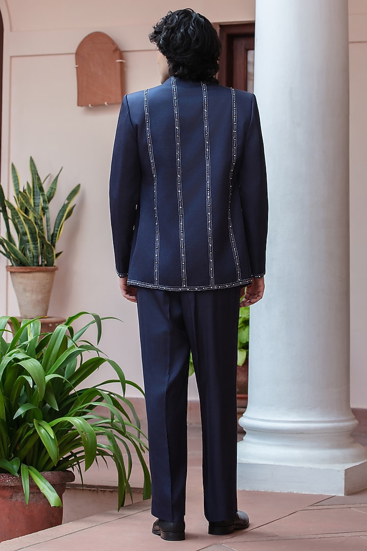 Navy Blue Modal Satin Wedding Indowestern Set by Bohame Men at Pernia's Pop Up Shop