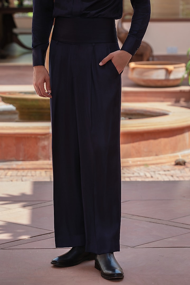 Navy Blue Modal Satin Wedding Indowestern Set by Bohame Men at Pernia's Pop Up Shop