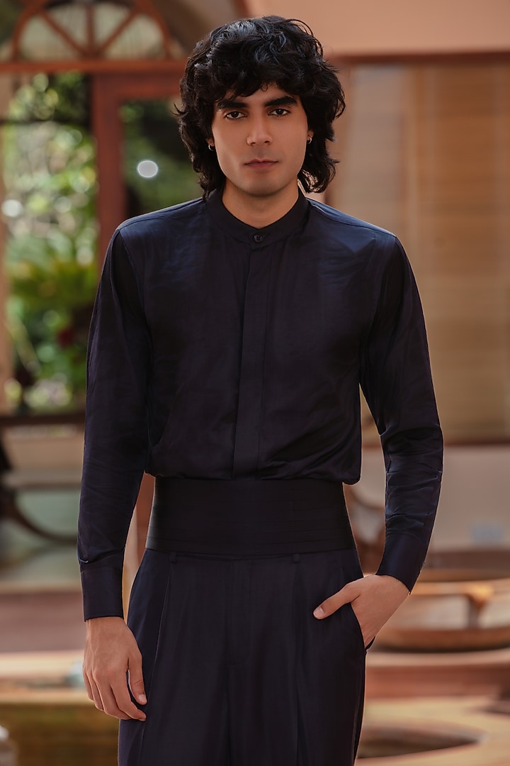 Navy Blue Modal Satin Wedding Indowestern Set by Bohame Men at Pernia's Pop Up Shop