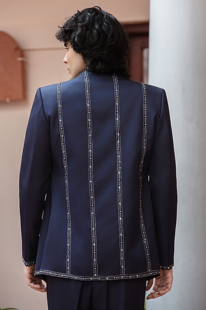 Navy Blue Modal Satin Wedding Indowestern Set by Bohame Men at Pernia's Pop Up Shop