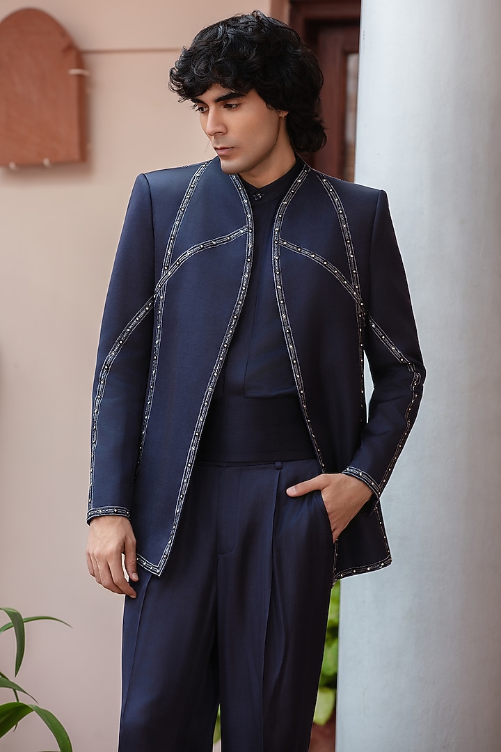 Navy Blue Modal Satin Wedding Indowestern Set by Bohame Men at Pernia's Pop Up Shop