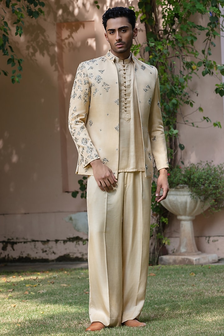 Beige-Gold Modal Satin Wedding Indowestern Set by Bohame Men at Pernia's Pop Up Shop