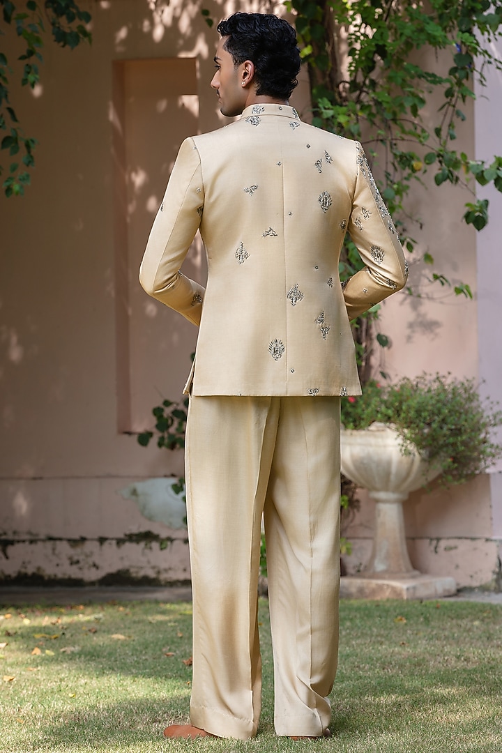 Beige-Gold Modal Satin Wedding Indowestern Set by Bohame Men at Pernia's Pop Up Shop