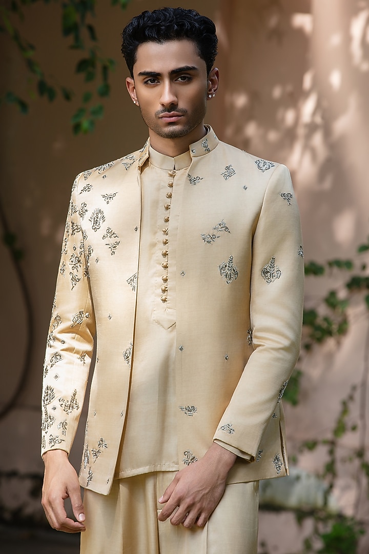 Beige-Gold Modal Satin Wedding Indowestern Set by Bohame Men at Pernia's Pop Up Shop
